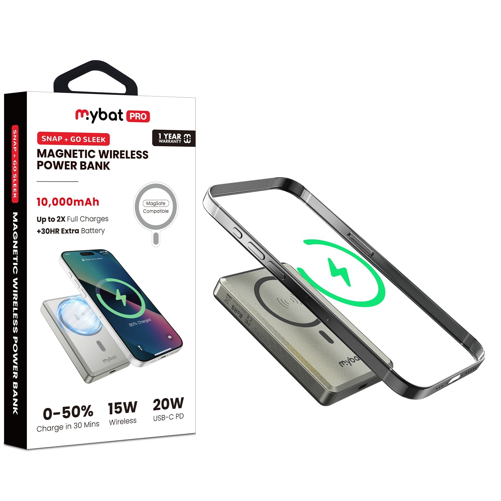MyBat Pro 10000mAh SNAP + GO SLEEK Magnetic Wireless Power Bank - Natural Titanium