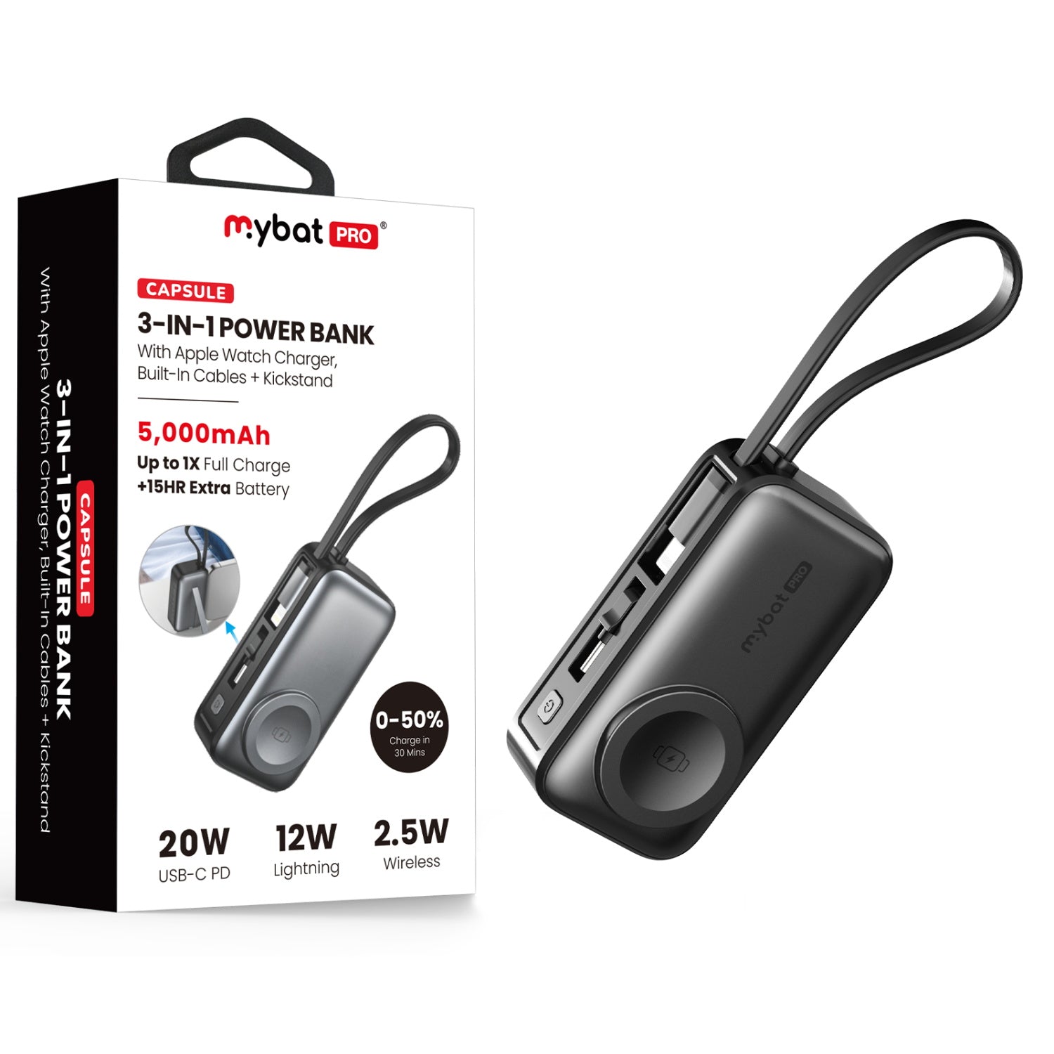 MyBat Pro Capsule 3-in-1 Power Bank with Apple Watch Charger, Built-In Cables + Kickstand - 5000 mAh - Black