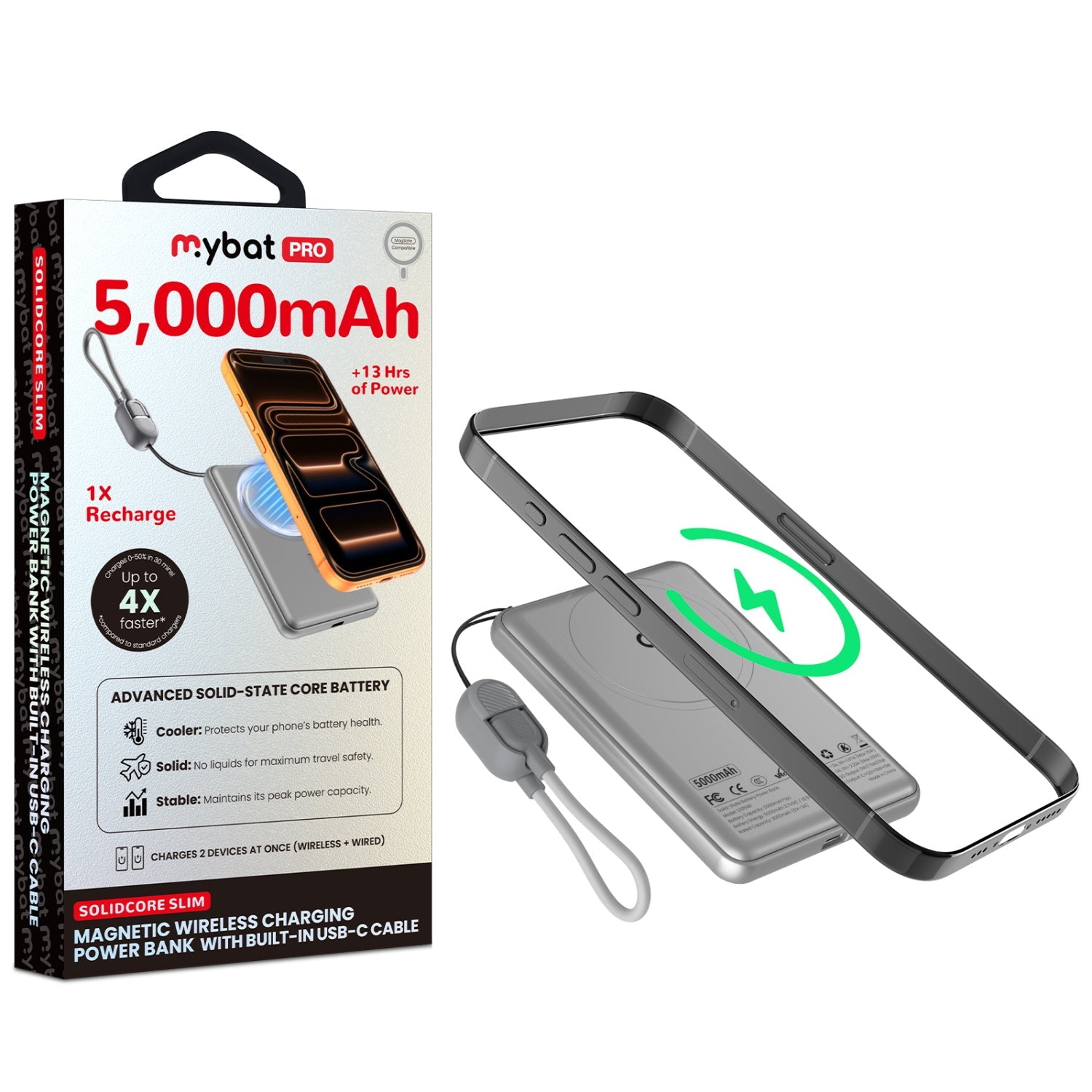 MyBat Pro SolidCore 5000mAh Slim Magnetic Wireless Charging Power Bank with Built-In USB-C Cable - Gray