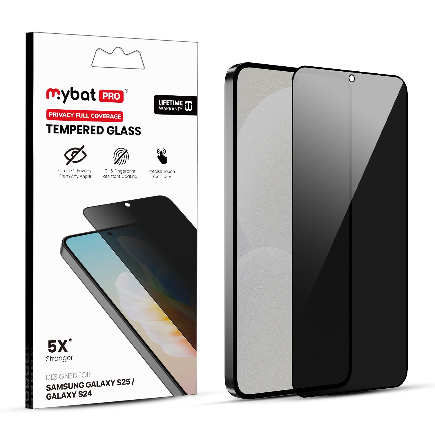 MyBat Pro Privacy Full Coverage Tempered Glass Screen Protector (Fingerprint Unlock) for Samsung Galaxy S25 / Galaxy S24 - Black