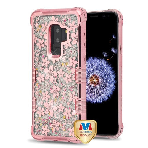 MyBat TUFF Quicksand Glitter Lite Hybrid Protector Cover for Samsung Galaxy S9 Plus - Rose Gold Electroplating / Hibiscus Flower / Silver Flowing Sparkles - SAMS9PLUSHPCTUFFQGLCH103WP-1.jpg