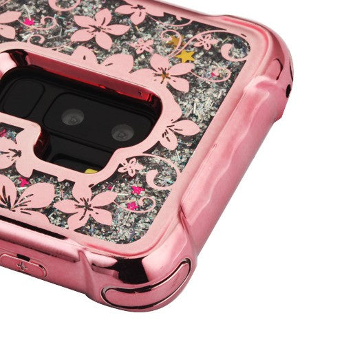 MyBat TUFF Quicksand Glitter Lite Hybrid Protector Cover for Samsung Galaxy S9 Plus - Rose Gold Electroplating / Hibiscus Flower / Silver Flowing Sparkles - SAMS9PLUSHPCTUFFQGLCH103WP-3.jpg