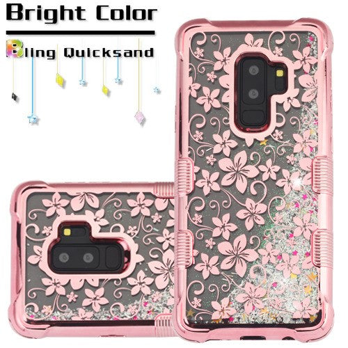 MyBat TUFF Quicksand Glitter Lite Hybrid Protector Cover for Samsung Galaxy S9 Plus - Rose Gold Electroplating / Hibiscus Flower / Silver Flowing Sparkles - SAMS9PLUSHPCTUFFQGLCH103WP-6.jpg