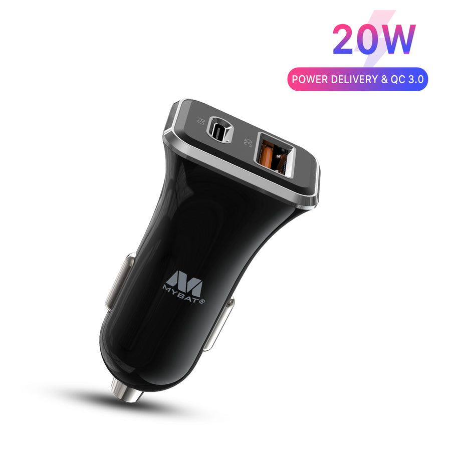MyBat Fast Charging Car Charger with Dual Port USB-A QC3.0 and USB-C Power Delivery (20W) - Black - USBCHAGCARAD30-2.jpg
